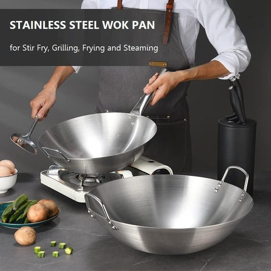 Commercial Size Stainless Steel Uncoated Double Handle Wok/Frying Pan