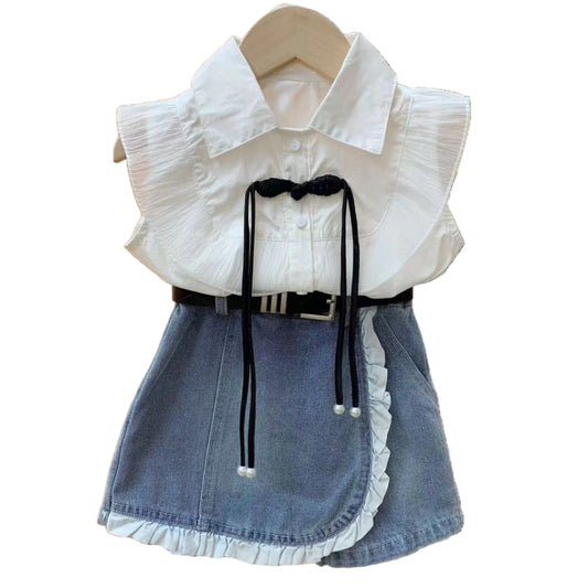 Girls 2pcs Outfit Set Casual Denim Skirt And Shirt*