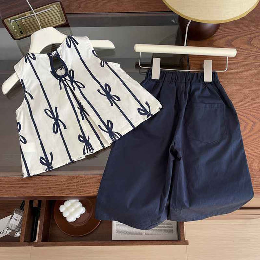 Girls' Sleeveless Doll Shirt + Cropped Wide Pants 2Pcs Outfit Set - itzy bitsy