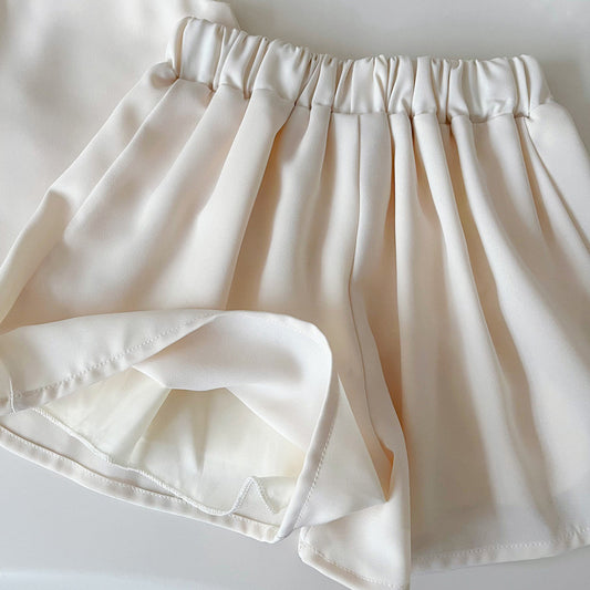 Girls Flower Sleeveless Top + Pleated Short Outfit Set - White