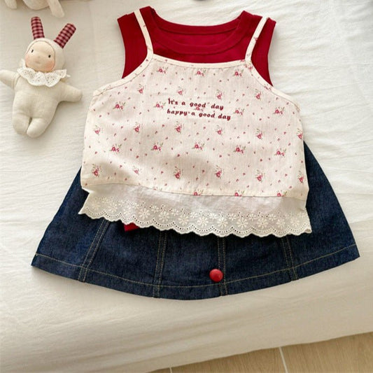 Girl's Summer Floral Camisole + Skirt 3-piece Set - itzy bitsy