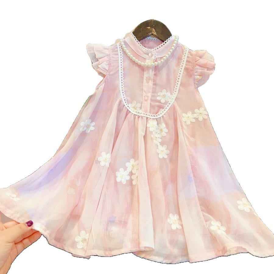 Girls Flying Sleeve Mesh Embroidery Dress