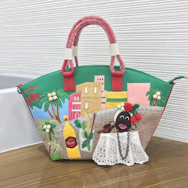 Lettifei large-capacity contrast embroidery shoulder/tote bag