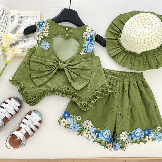 Girls Floral Lace Heart Bow Top + Shorts 2Pcs Outfit Set