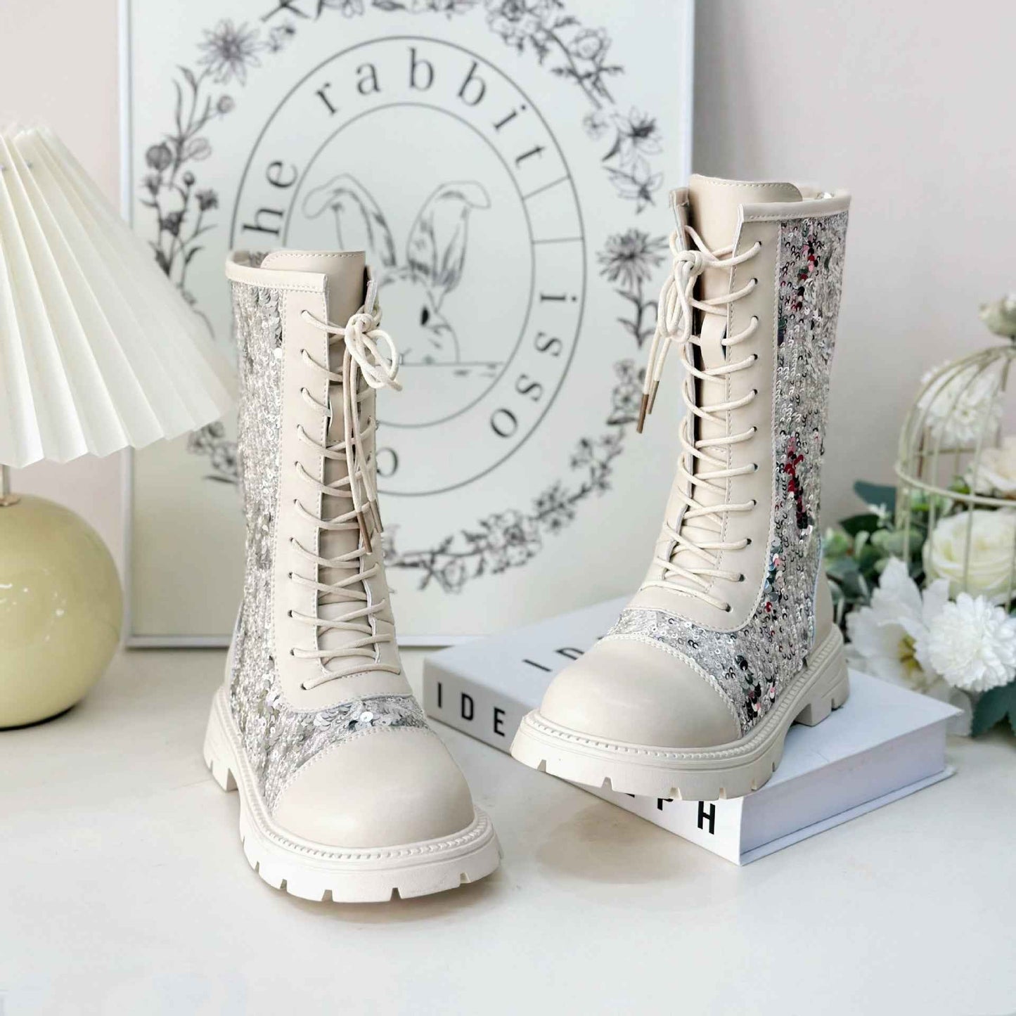 2024 Fall/Winter New Girls' Lace-up Sequins Thin Fleece High Boots Boots 64385X085