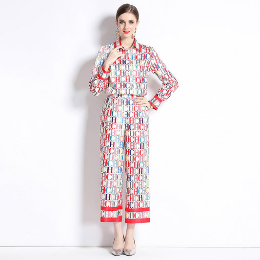 CHCH Slim Shirt with Loose Positioning Printed Wide-Leg Pants set