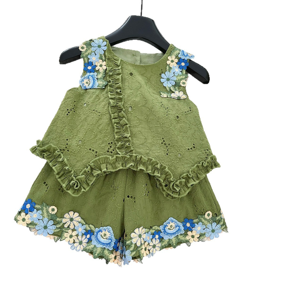 Girls Floral Lace Heart Bow Top + Shorts 2Pcs Outfit Set