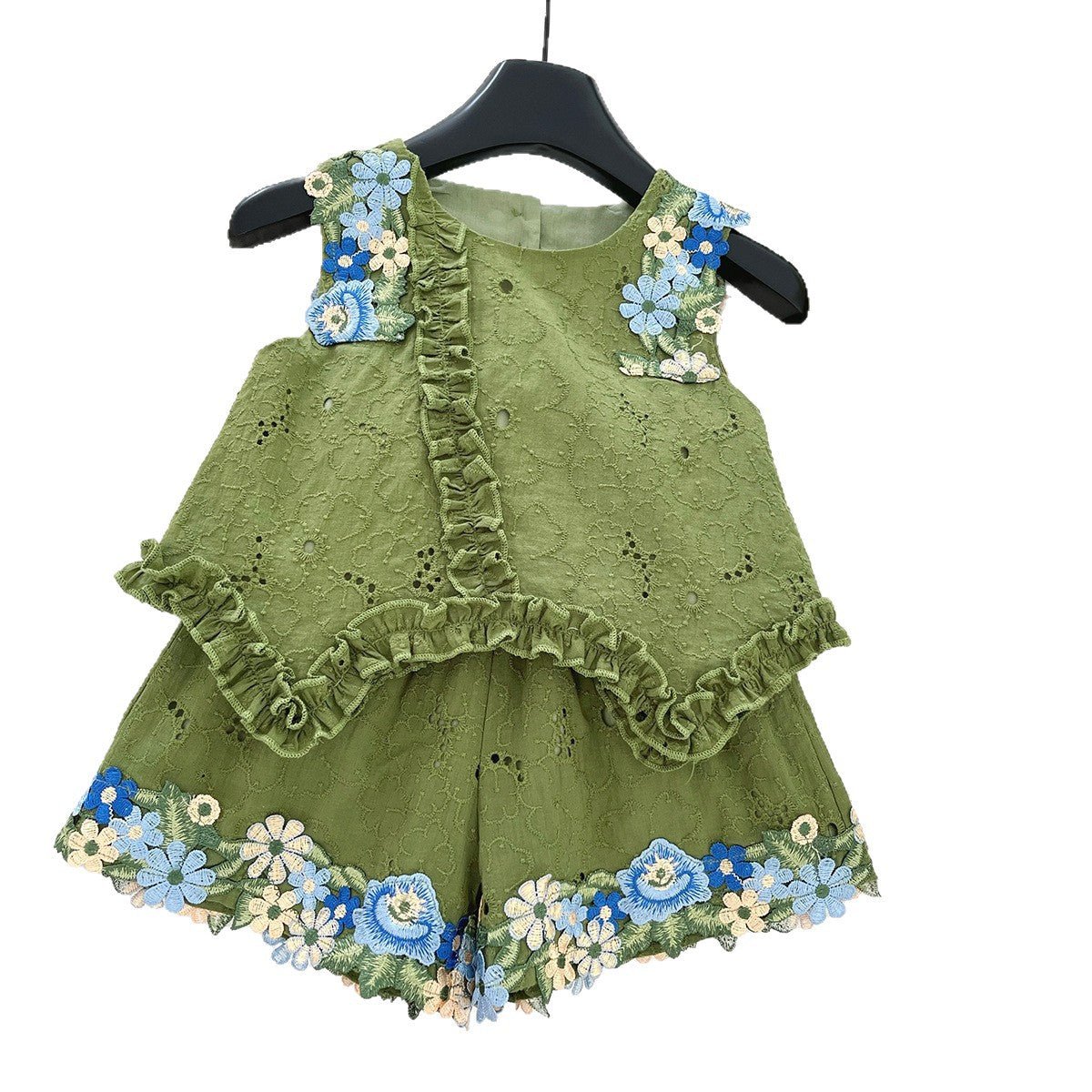 Girls Floral Lace Heart Bow Top + Shorts 2Pcs Outfit Set - itzy bitsy