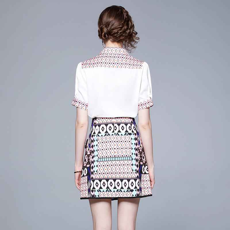 Women's Elegant Retro Lapel Short-sleeved Shirt + High-waisted Skirt 2Pcs Outfit Set - itzy bitsy