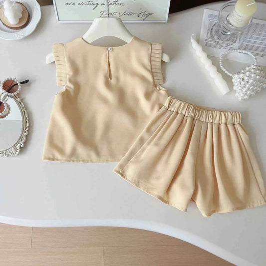 Girls Flower Sleeveless Top + Pleated Short Outfit Set - Pink