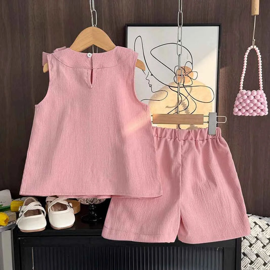 Sleeveless Bow Pleated Vest + Short Set
