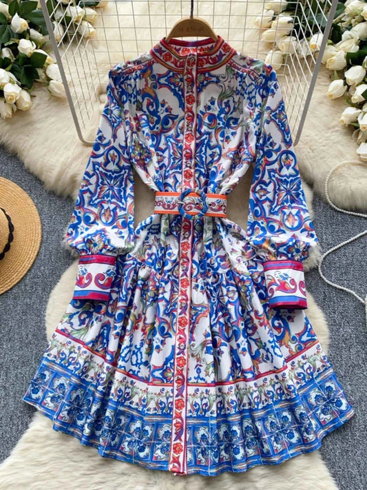 Long Lantern Sleeve Floral Print Short Shirt Dress