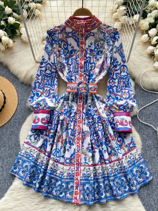 Long Lantern Sleeve Floral Print Short Shirt Dress - itzy bitsy