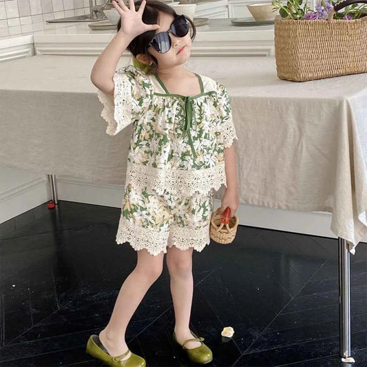 2pcs Girls Flower Lace Top + Shorts Set