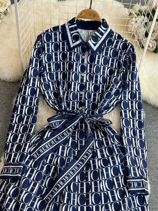 Spring Autumn Korean Sle Long Sve Turn-down Collar Slimming A-line Printed irt Dr Retro Maturi Waist-cinching