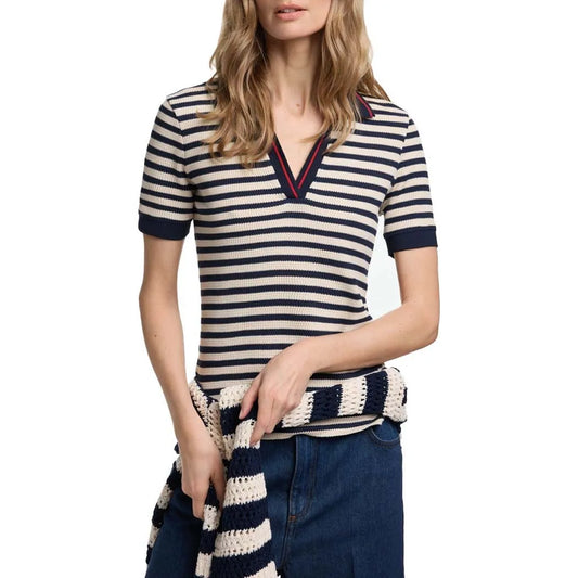 CH Women Stripe Knitted Chic Short Sleeve Polo Shirt