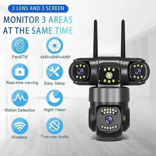 12MP WiFi IP Camera Outdoor Three Lens AI Tracking PTZ 10X Zoom Wireless Security CCTV Video Surveillance - itzy bitsy