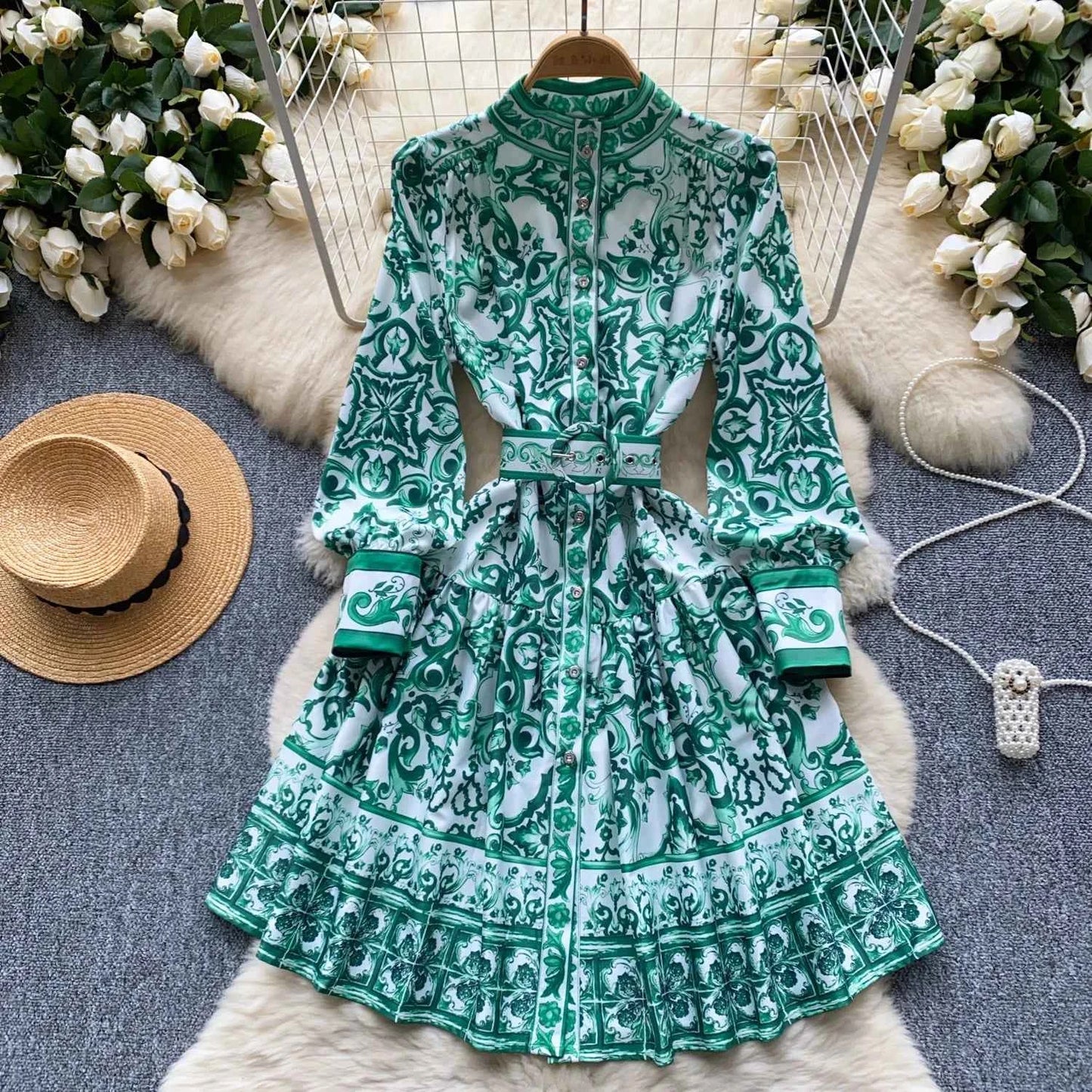 Long Lantern Sleeve Floral Print Short Shirt Dress