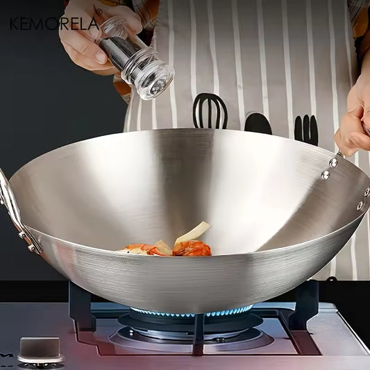 KEMORELA 1PCS Stainless Steel Wok Uncoated 26/28/30/32/34cm High Quality Double Handle Chef Pan for Home Stir-fried Beef Cooking