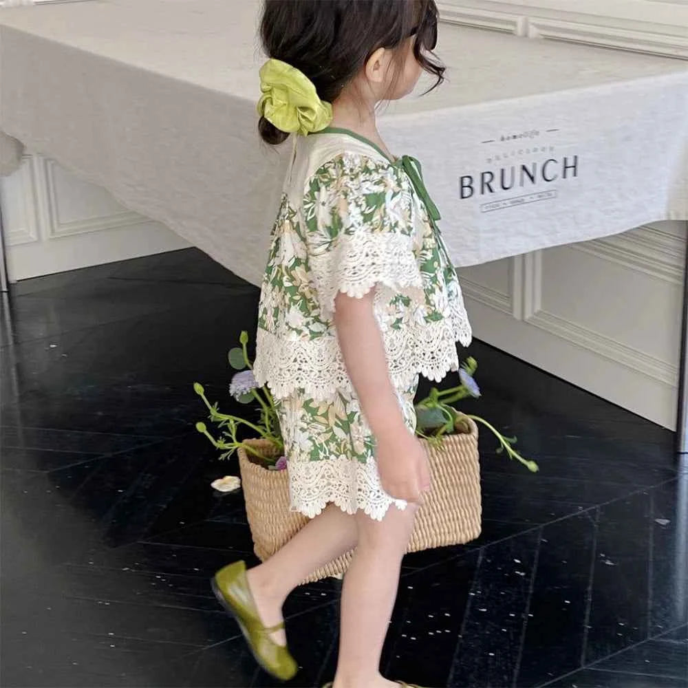 2pcs Girls Flower Lace Top + Shorts Set