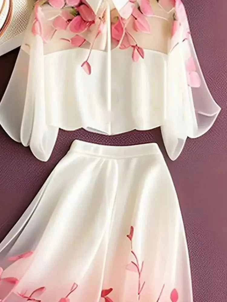 Temperament Blouse Skirts Two Piece Sets Lady Chiffon Clothes