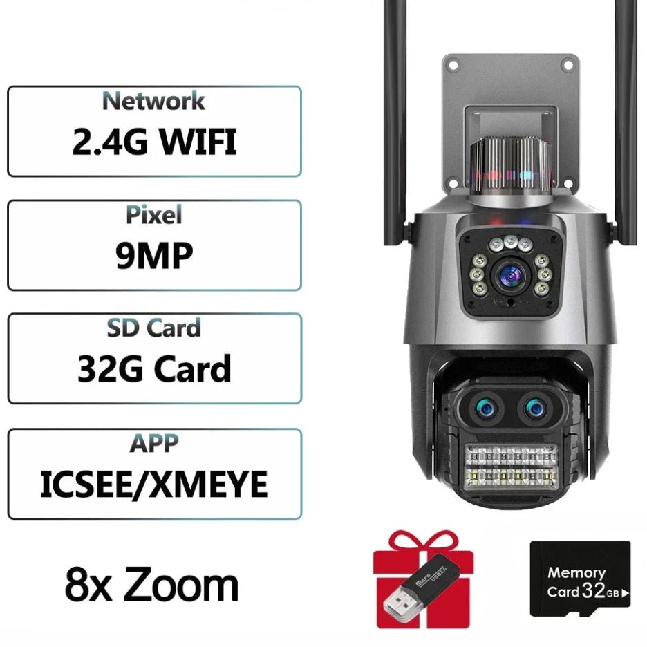 4K 9MP WIFI Three Lens Dual Screen Surveillance Camera 8X Hybrid Zoom Auto Tracking NVR - itzy bitsy