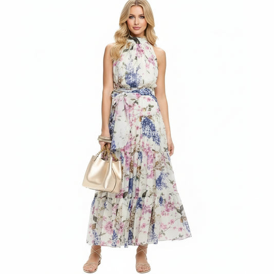 CHCH Women Flowery Silk Chiffon Halter Dress