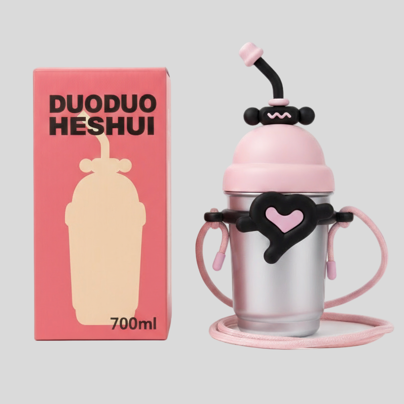 700ml Sunflower and Heart 316 Stainless Steel Water Bottle with Straw