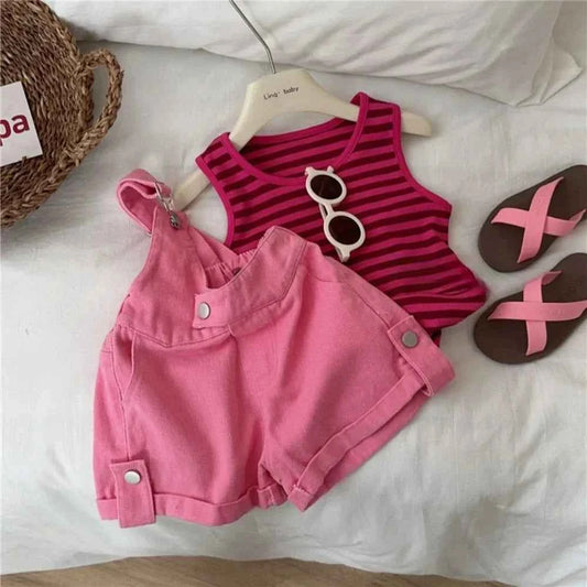 2pcs Sleeveless Striped Top + Denim Overalls Set