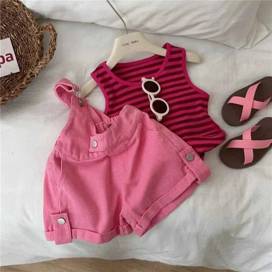 2pcs Sleeveless Striped Top + Denim Overalls Set - itzy bitsy
