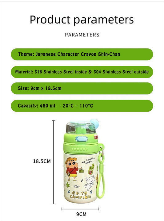 Crayon Character Straw Thermos 400ml Water Bottle