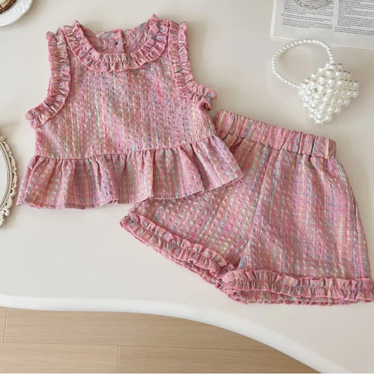 Girls' Classic Lace Plaid Vest / Wide Leg Pants / Shorts 2pcs Outfit Set