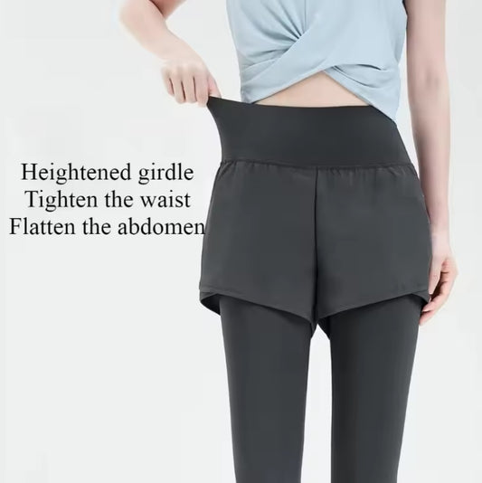 Women's High Waist Elastic Sports Legging with fake Short