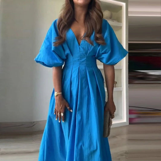 Women V Neck Pleated Blue High Waist Summer Dress - itzy bitsy