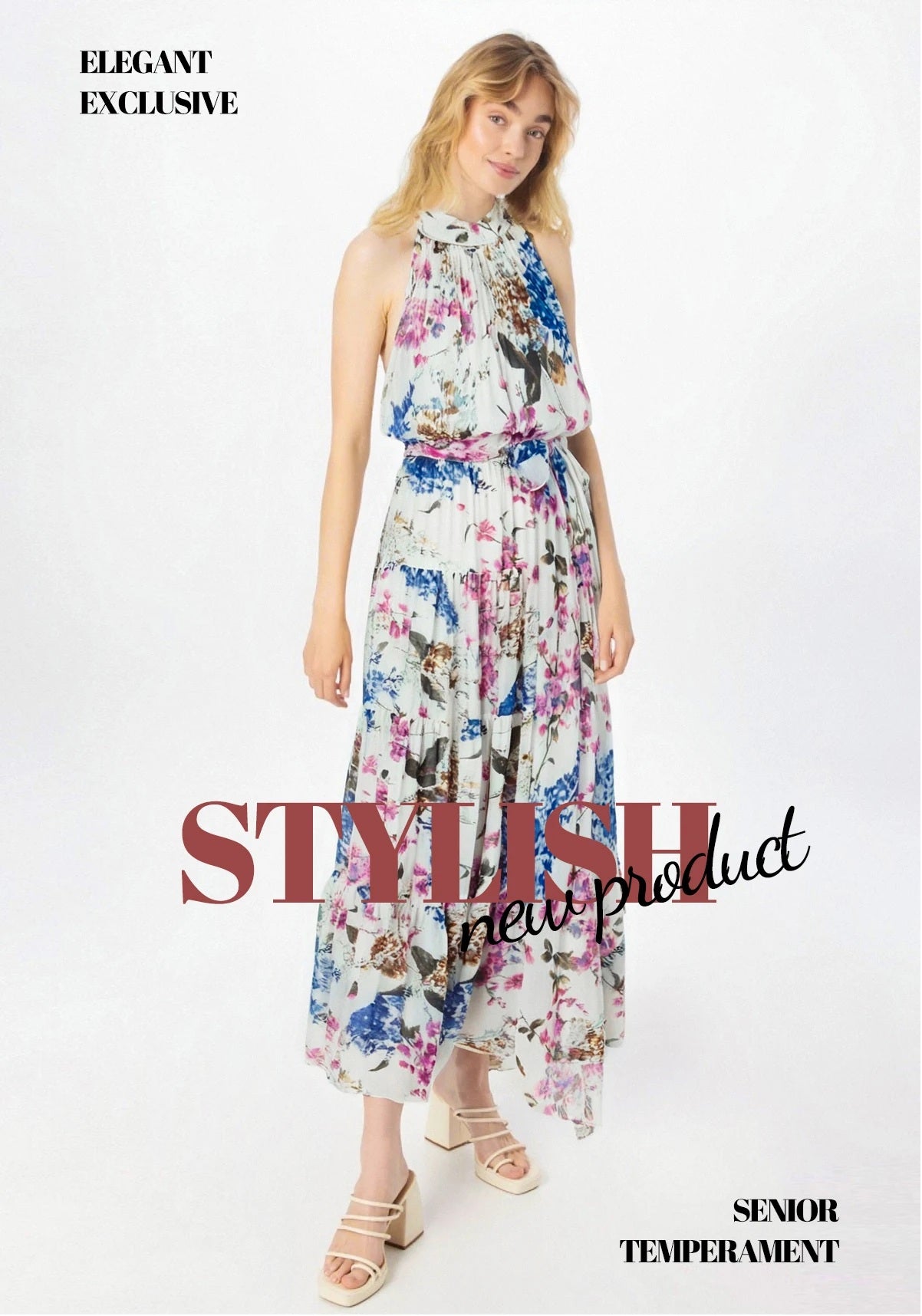 CHCH Women Flowery Silk Chiffon Halter Dress