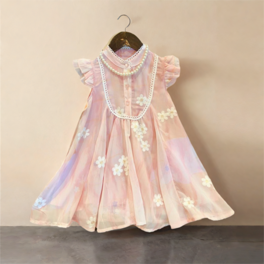 Girls Flying Sleeve Mesh Embroidery Dress