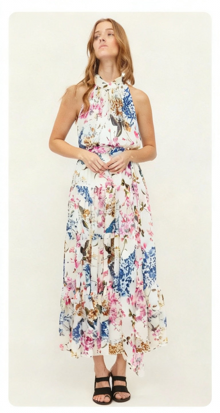 CHCH Women Flowery Silk Chiffon Halter Dress