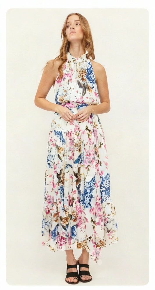 CHCH Women Flowery Silk Chiffon Halter Dress
