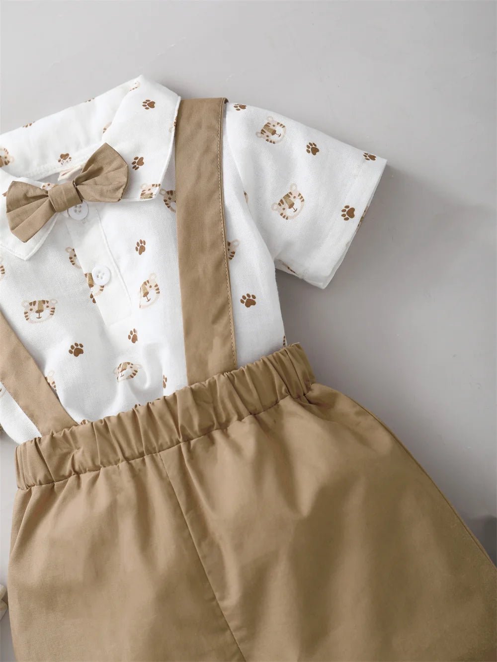 2PCS Boy Tiger Print Short Sleeve with Bow + Strap Shorts Casual Suit for - itzy bitsy