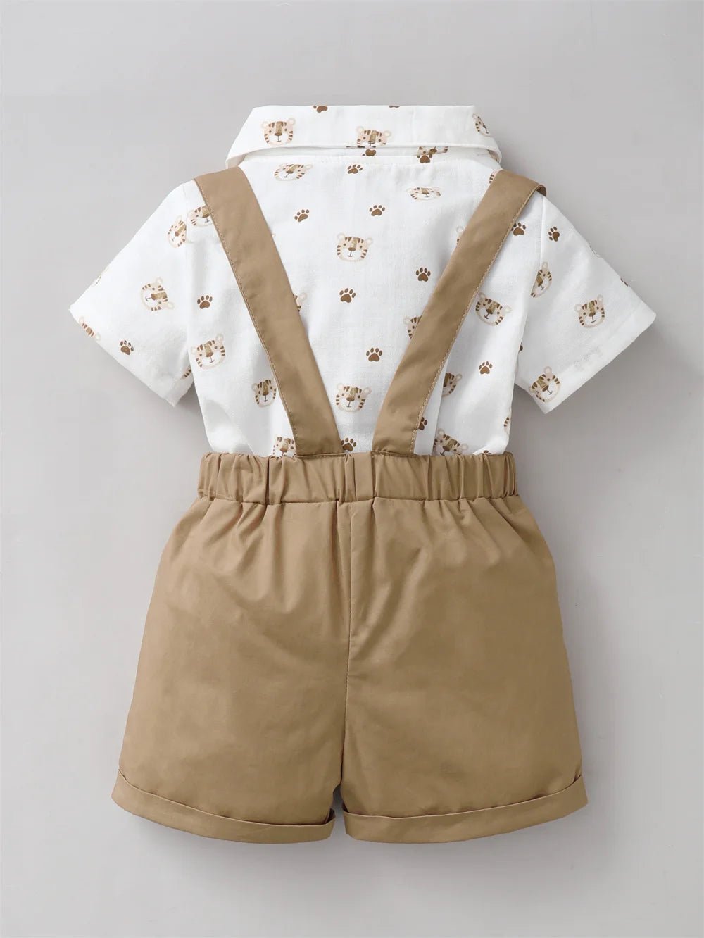 2PCS Boy Tiger Print Short Sleeve with Bow + Strap Shorts Casual Suit for - itzy bitsy