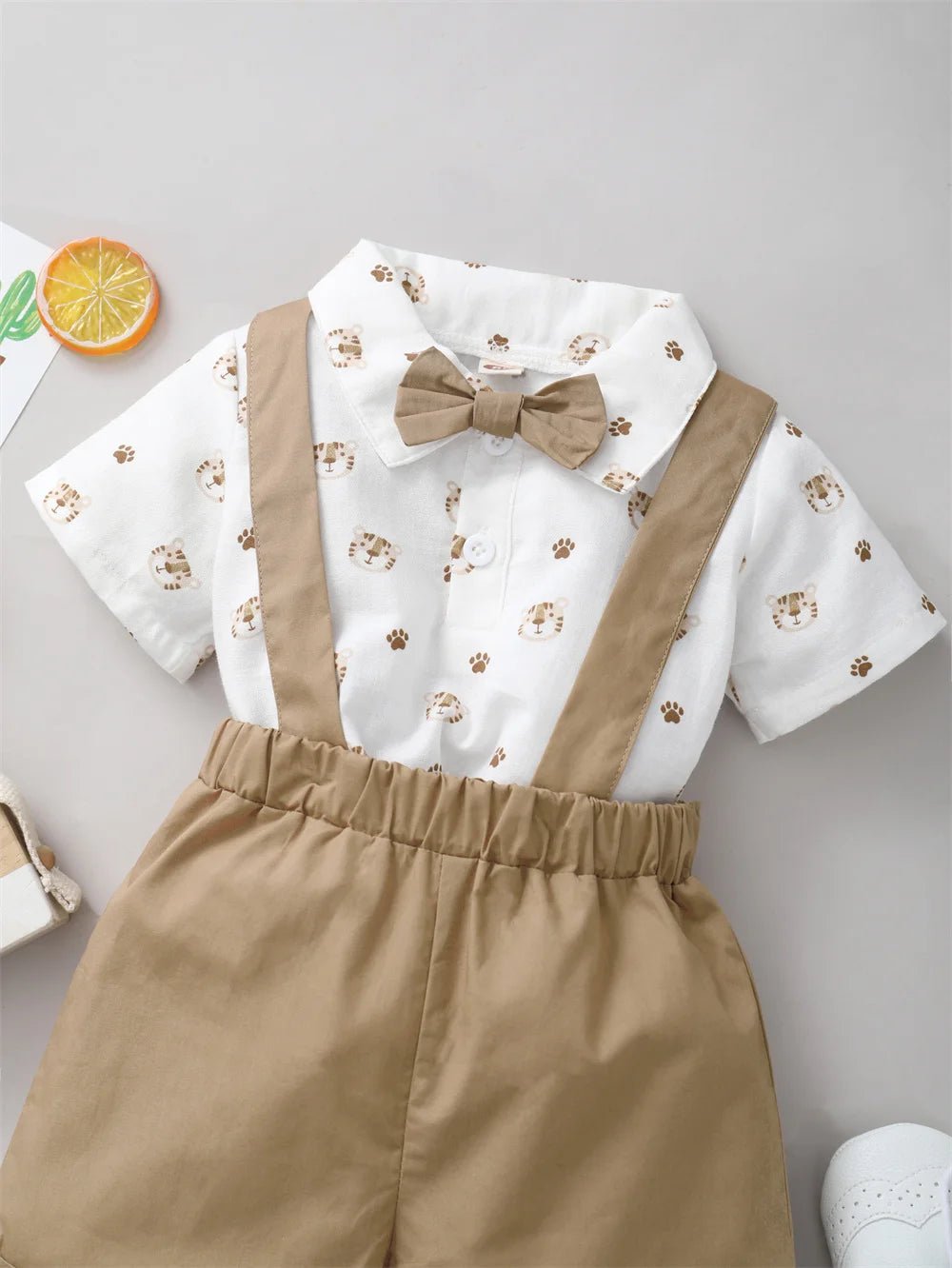 2PCS Boy Tiger Print Short Sleeve with Bow + Strap Shorts Casual Suit for - itzy bitsy