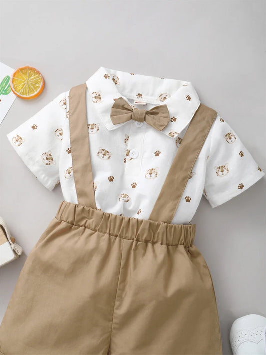 2PCS Boy Tiger Print Short Sleeve with Bow + Strap Shorts Casual Suit for - itzy bitsy
