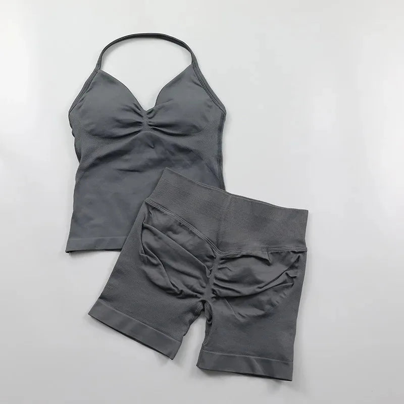 2pcs - Padded Halter Tank Top + Scrunch Butt Lifting Active Shorts Set - itzy bitsy