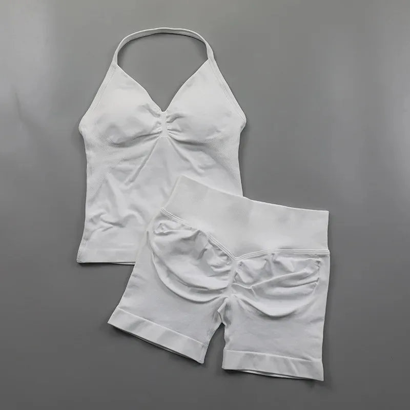 2pcs - Padded Halter Tank Top + Scrunch Butt Lifting Active Shorts Set - itzy bitsy