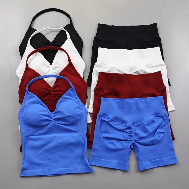 2pcs - Padded Halter Tank Top + Scrunch Butt Lifting Active Shorts Set - itzy bitsy
