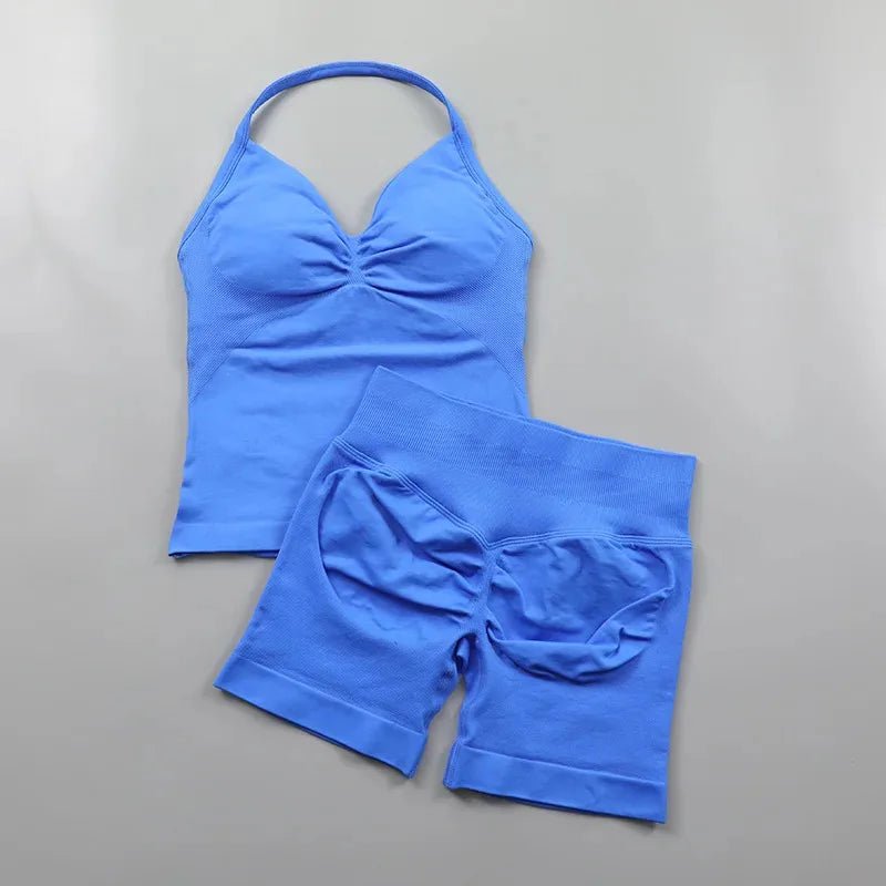 2pcs - Padded Halter Tank Top + Scrunch Butt Lifting Active Shorts Set - itzy bitsy
