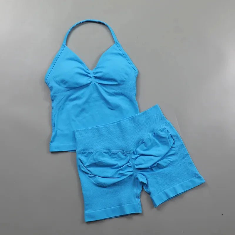 2pcs - Padded Halter Tank Top + Scrunch Butt Lifting Active Shorts Set - itzy bitsy