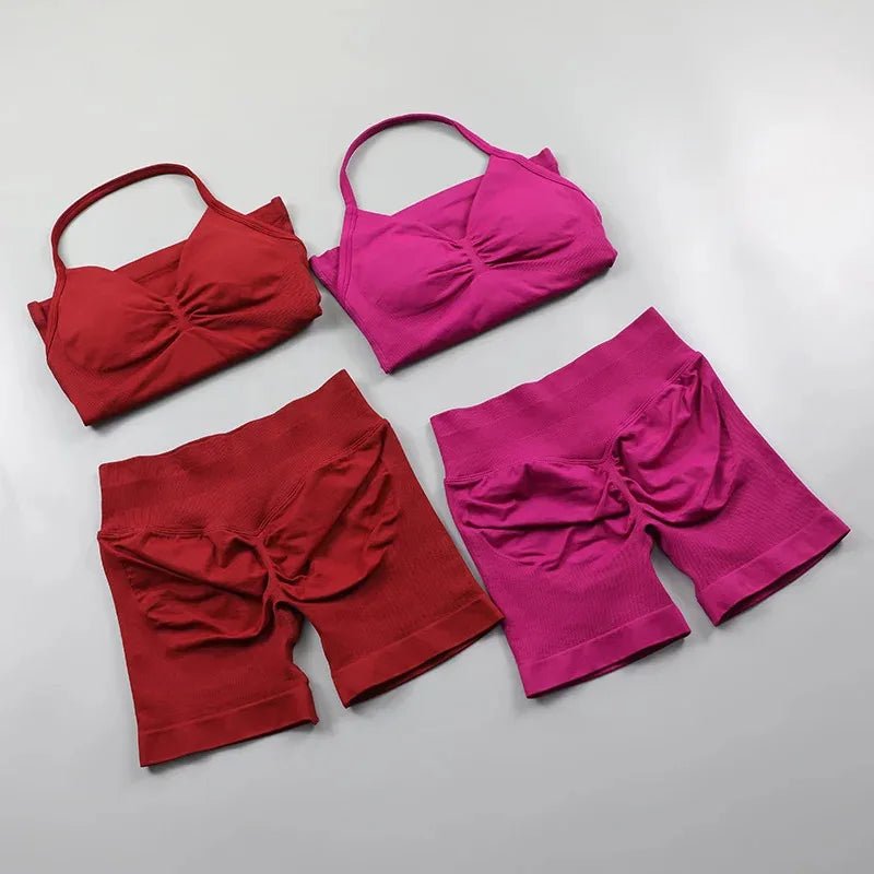 2pcs - Padded Halter Tank Top + Scrunch Butt Lifting Active Shorts Set - itzy bitsy