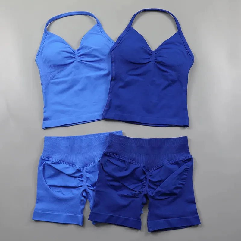 2pcs - Padded Halter Tank Top + Scrunch Butt Lifting Active Shorts Set - itzy bitsy