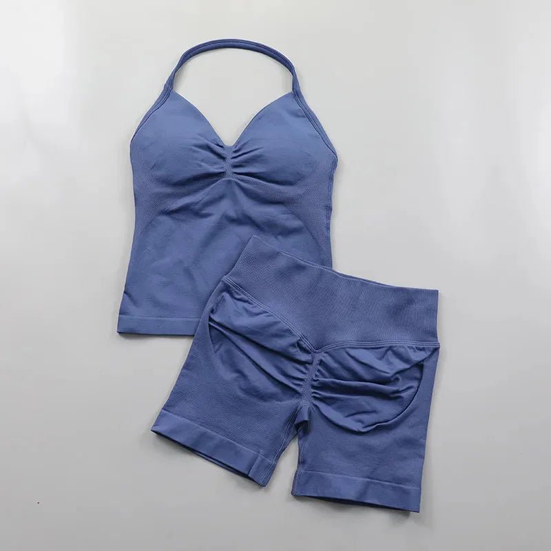 2pcs - Padded Halter Tank Top + Scrunch Butt Lifting Active Shorts Set - itzy bitsy